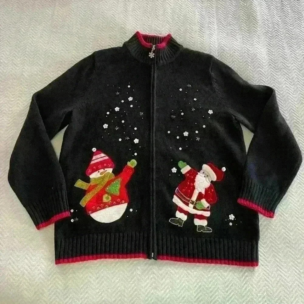 Christmas Sweater Cardigan Full Zip Mercer Street Studio Size M Santa Snowman